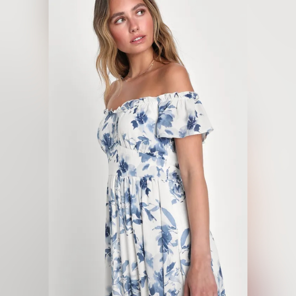 NWOT Lulu's White Floral Off-the-Shoulder Midi Dress Size L=10/12 - Picture 3 of 5